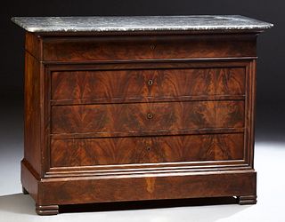 French Louis Philippe Marble Top Flame Mahogany Commode, c. 1860, the rounded edge highly figured grey marble above a frieze drawer over three set bac