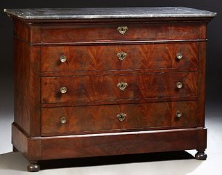 French Louis Philippe Carved Mahogany Marble Top Commode, 19th c., the rounded edge and corner grey marble over a cavetto frieze drawer, three deep dr