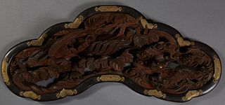 Chinese Brass Mounted Carved Wood Temple Panel, early 20th c., the pierced carving of a rooster, leaves, clouds and a dragon within an undulating ebon