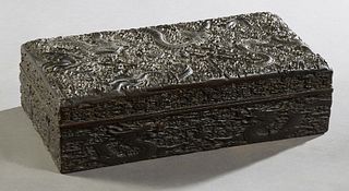 Chinese Carved Zitan Wood Document Box, late 19th c., the highly carved dragon and floral lid over like sides, the underside of the lid with calligrap