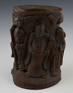 Chinese Carved Bamboo Brush Pot, 19th c., with figural relief carved sides, H.- 8 3/4 in., W.- 6 3/4 in., D.- 5 1/4 in. Provenance: from a collection 