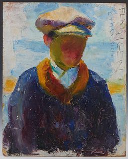 Jean Nevitt Flanigen (1898-1994, Georgia), "Man With a Hat," 20th c., double sided oil on board, signed upper right on one side, unframed, H.- 20 in.,