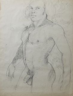 George Valentine Dureau (1930-2014, New Orleans), "Standing Male Nude,," 20th c., charcoal, unsigned, shrink wrapped, H.- 45 1/2 in., W.- 35 in.