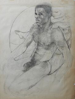 George Valentine Dureau (1930-2014, New Orleans), "Nude Afro-American Man with Putto on his Shoulder," 20th c., charcoal, unsigned, shrink wrapped, H.
