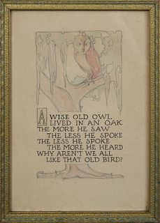 Newcomb College, "A Wise Old Owl," c. 1925, watercolor and graphite, after A. Buzzi Motto, "A Wise Old Owl, Lived in an Oak, The More He Saw, The Less