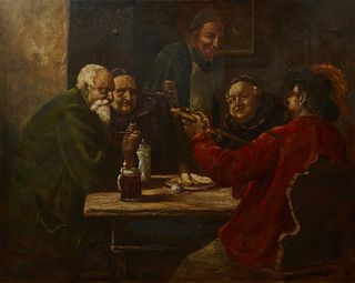 Eugene Daymude (1923-1995, New Orleans), "Friars at Dinner," 20th c., oil on canvas, unsigned, verified by the artist's son, presented in a wide gilt 