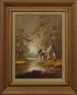 Eugene Daymude (1925-1995, New Orleans) "Bayou Cabin Scene," oil on board, signed lower right "D'Mude," presented in a giltwood frame with a velvet li