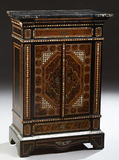 Moroccan Style Mother-of-Pearl Inlaid Marble Top Parlor Cabinet, 20th c., the highly figured architectural black marble over a frieze drawer, double d