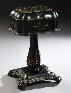 English Papier-Mâché, Mother-of-Pearl Inlaid, Polychromed and Gilt Decorated Sewing Stand, mid-19th c., labeled Jennens & Bettridge, the scalloped dom