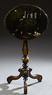 English Paint Decorated and Mother-of-Pearl Inlaid Papier Mache Candle Stand, 19th c., the oval paint decorated top with a moonlit castle landscape, o