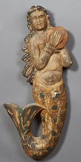 Carved Wooden Folk Art Mermaid Decoration, 20th c., with traces of original paint, H.- 38 in., W.- 18 in., D.- 3 1/2 in. Provenance: The Estate of Pau