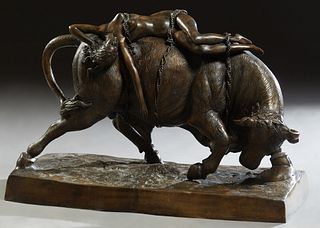 "Abduction of Europa," 21st c., large patinated bronze sculpture, depicting Europa tied to the back of Zeus in the form of a bull, on a naturalistic r
