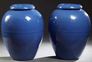 Pair of Large Blue Bauer Pottery California Oil Jars, 20th c. of baluster form, with rolled rims, H.- 23 in., Dia.- 16 in. (2 Pcs.)