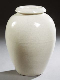White Bauer Pottery California Oil Jar, 20th c., of baluster form, with a rolled rim, H.- 16 in., Dia.- 12 in.