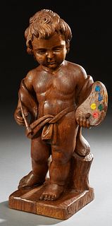 Italian Style Carved Wooden Figure, 19th c., of a putto artist with his palette, incised underneath "Chapman Made in USA," on an integral base, H.- 22