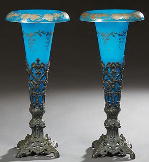 Pair of Blue Opaline Glass Trumpet Vases, c. 1860, the everted tops with gilt morning glory and leaf decoration, the sides with gilt leaf tracery, in 