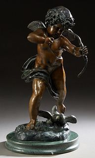 After Jean-Antoine Houdon (1741-1828, French), "The Arrow of Cupid," 20th c., patinated bronze, with a cast signature on the right front of the base, 
