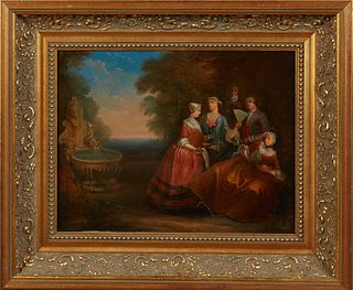 Continental School, "Relaxing in the Garden," 20th c., oil on panel, presented in a gilt relief frame with a beaded liner, H.- 12 in., W.- 15 1/4 in. 