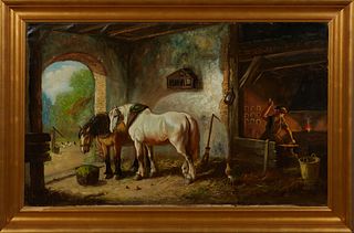 J. Schurchman, "The Blacksmith in The Stable," 19th c., oil on canvas, signed lower right, presented in a period gilt and gesso frame, H.- 23 1/2 in.,