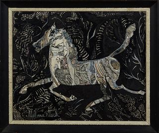 Adelma Rasch (New Orleans), "The Chinese Horse," 1978, oil on masonite, signed lower left, also signed, dated and titled verso, presented in an eboniz
