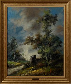 Franco Milani, "Landscape with Stream," oil on canvas, signed lower right, presented in a stepped gilt frame, H.- 29 1/2 in., W.- 23 3/8 in.