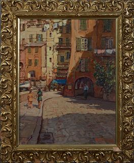 Angelo Romby (1934-, Italian), "Continental Street Scene," 20th c., oil on masonite, signed lower right, presented in a gilt and gesso frame, H.- 20 i