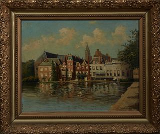 Pieter Johannes Wagemans (1879-1955, Dutch), "Buildings Along the Canal," 20th c., oil on panel, signed lower right, presented in a gilt and gesso fra