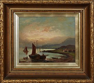 Colin Hunter (1841-1904, Scottish), "Scottish Coastal Scene at Sunrise," 19th c., oil on canvas, signed lower right, presented in a period gilt and ge