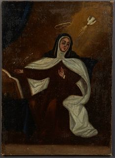 American School, "Nun with Halo and Dove," 19th c., oil on canvas, unframed, H.- 32 in., W.- 23 3/4 in. Provenance: Personal collection of Paul Rosent