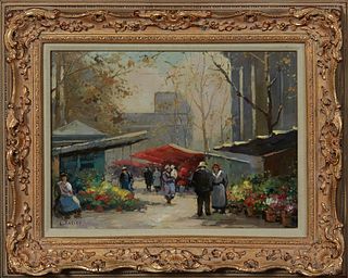 Louis Basset (1948-, French), "Paris Flower Market," 20th c., oil on canvas, signed lower left, presented in a gilt and gesso frame with a linen liner