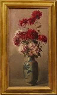 Elizabeth Jane Binns, "Still Life of Chrysanthemums in a Pottery Vase," early 20th c., signed lower right, presented in a stepped gilt frame, H.- 27 5