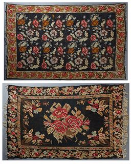 Two Black Kilim Style Flatweave Carpets, 20th c., with floral decoration, one 5' 4 x 8'2, the other 6'1 x 9' 5. (2 Pcs.)