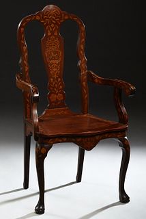 Marquetry Inlaid Mahogany Chippendale Style Armchair, early 20th c., the arched back with a shaped splat, to scrolled arms over a bowed seat, on cabri