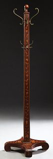 Continental Marquetry Inlaid Mahogany Coat Rack, late 19th c., with a turned finial atop a leaf and floral inlaid tapered square brass hook mounted co