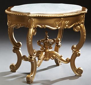Louis XV Style Gilt Marble Top Center Table, 20th/21st c., the figured white inset tortoise marble on a conforming base with gadrooned edges, over a c