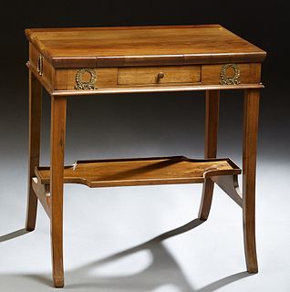 Empire Style Carved Mahogany Bronze Mounted Side Table, early 20th c., with a central frieze drawer, the frieze mounted with bronze wreaths all around