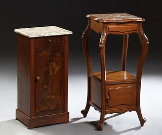 Two French Marble Top Nightstands, 19th c., consisting of a Louis Philippe example with a variegated tan marble over a frieze drawer and a long cupboa