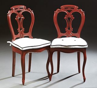 Pair of Louis XV Style Polychromed Medallion Back Side Chairs, 20th c., the arched back with a C-scroll splat, to a bowed cane seat, on cabriole legs 