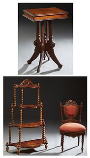 Three Pieces of American Victorian Furniture, late 19th c., consisting of a stepped spindled walnut bowfront etagere; an Eastlake walnut upholstered s