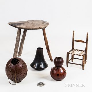Primitive Milking Stool, Three Carved Gourds, and a Child's Chair