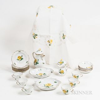Twenty-three-piece Meissen "Yellow Rose" Porcelain Tea Set and a Matching Tablecloth.
