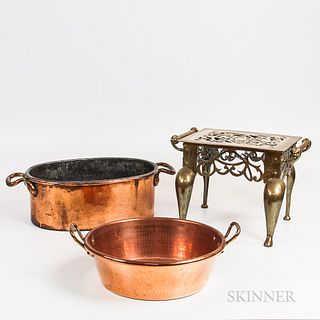 Brass Footman and Two Large Copper Pans