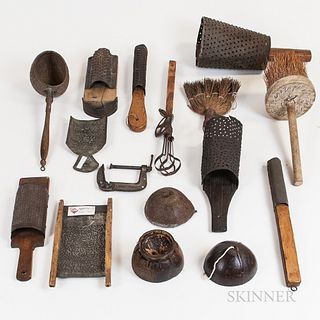 Group of Mostly Tin and Wood Make-do Tools and Domestic Items.