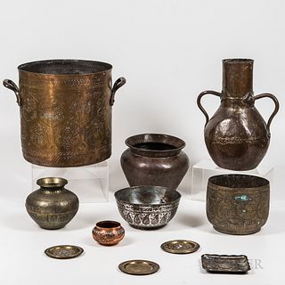 Eleven Mostly Engraved and Repousse Copper and Brass Items