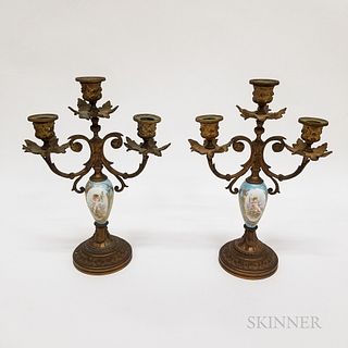 Pair of Continental Brass and Porcelain Three-light Candelabra