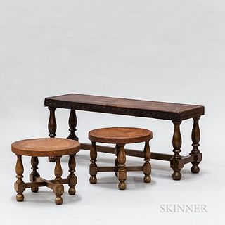 Continental-style Leather-upholstered and Turned Walnut Bench and Two Stools.