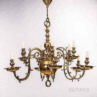 Large Dutch-style Twelve-light Brass Chandelier