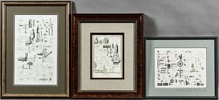 Three Framed Prints of Mechanical Drawings