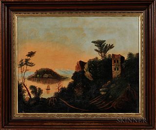 School of Thomas Chambers (British, 19th Century)       Serene Landscape with Lake and Ruins