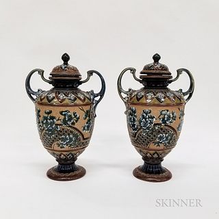 Pair of Doulton Lambeth Stoneware Covered Urns